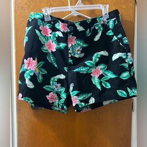 Old Navy Black Floral Bermuda Shorts with Green Leaves & Pink Flowers